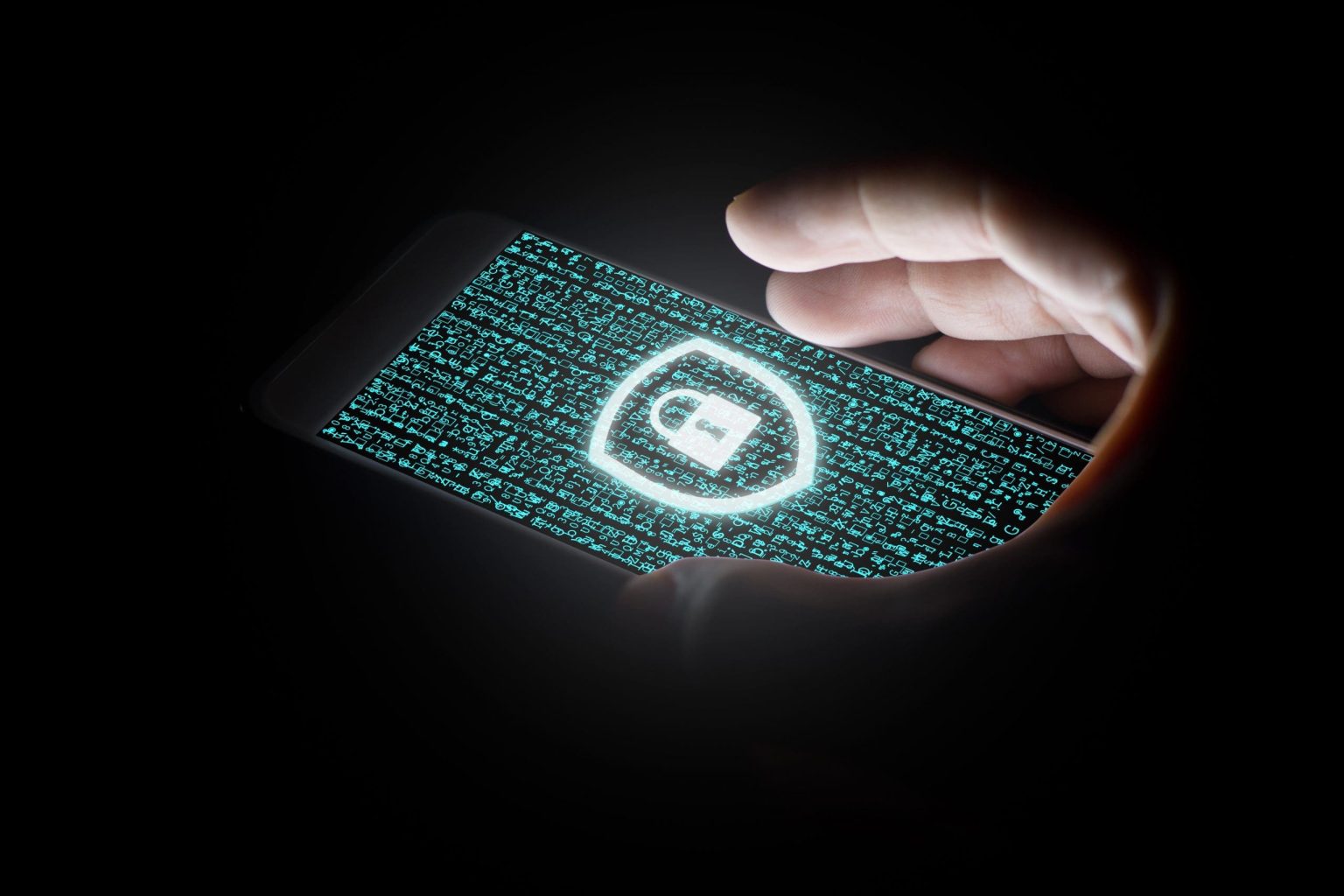 A smartphone displaying a security lock icon surrounded by digital code
