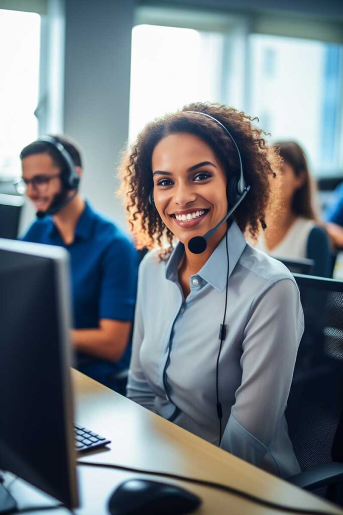 Women in call center wearing a headset.