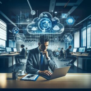 A man in a professional suit at an office working on his laptop overlaid cloud platform and technologies, using connections, AI, and security.