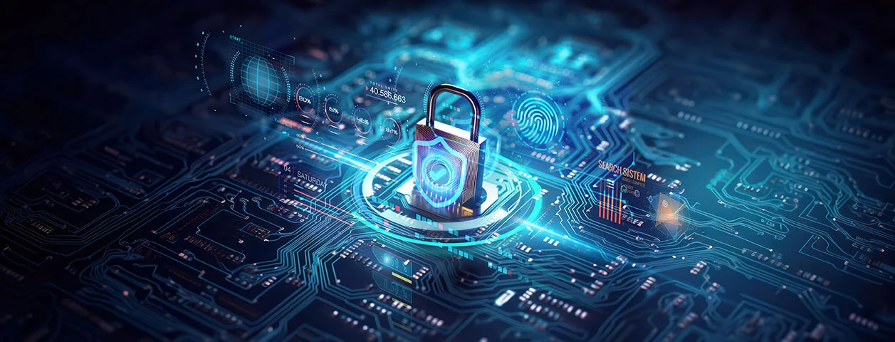 A blue padlock positioned on a circuit board, symbolizing digital security.